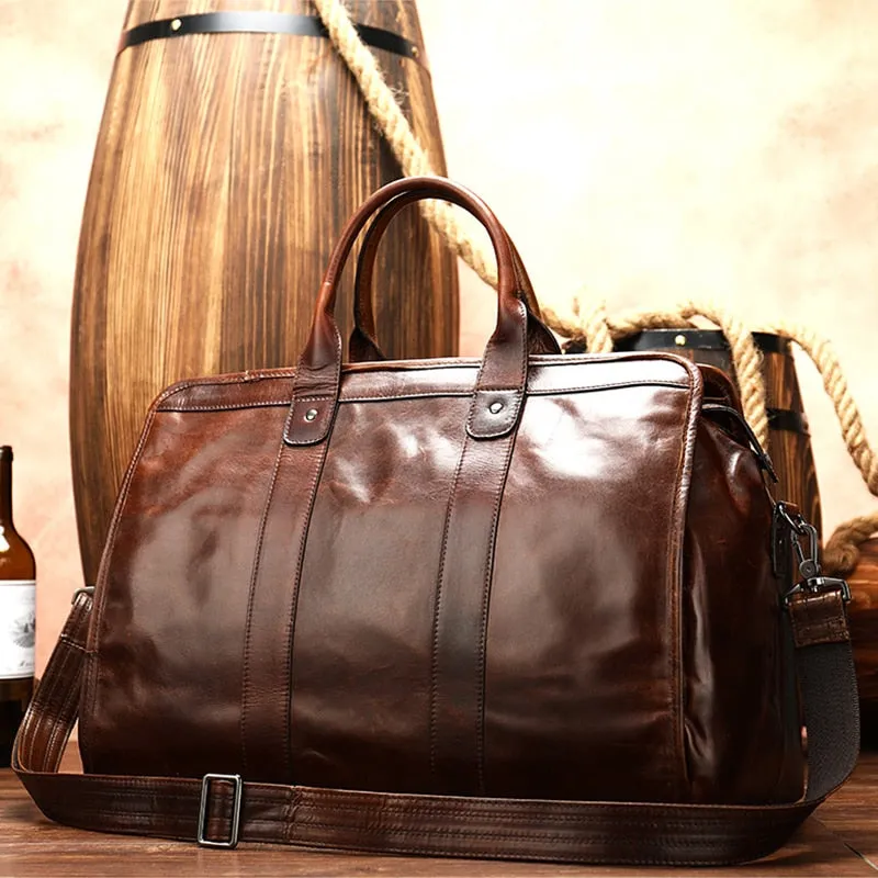 Smooth Leather Travel Bag-Unisex -Vintage-Brown Cowhide