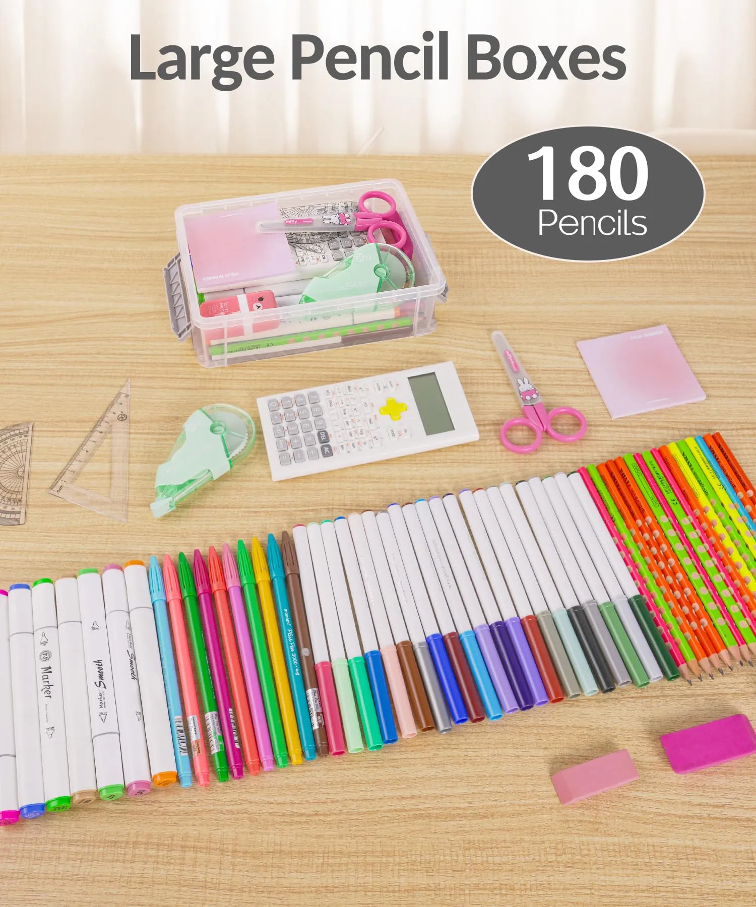 Sooez 6 Pack Extra Large Pencil Box, Plastic Pencil Case Crayon Box Bulk, Clear Marker Organizer Plastic Containers with Lid, Stackable Storage Box for Craft, Pen, Art, School Supply, Grey