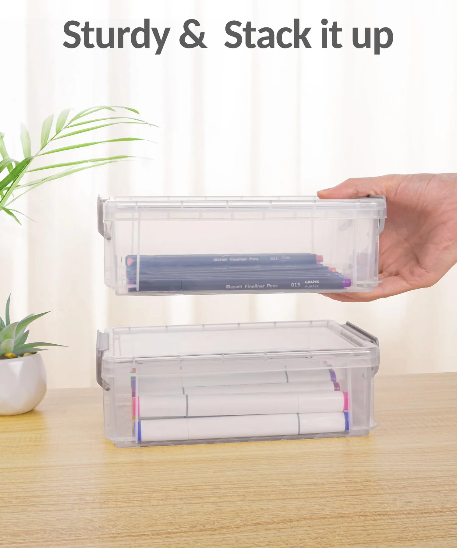 Sooez 6 Pack Extra Large Pencil Box, Plastic Pencil Case Crayon Box Bulk, Clear Marker Organizer Plastic Containers with Lid, Stackable Storage Box for Craft, Pen, Art, School Supply, Grey