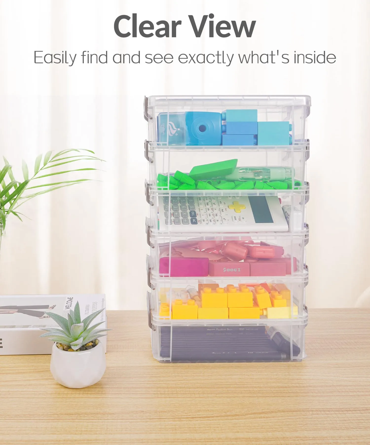 Sooez 6 Pack Extra Large Pencil Box, Plastic Pencil Case Crayon Box Bulk, Clear Marker Organizer Plastic Containers with Lid, Stackable Storage Box for Craft, Pen, Art, School Supply, Grey