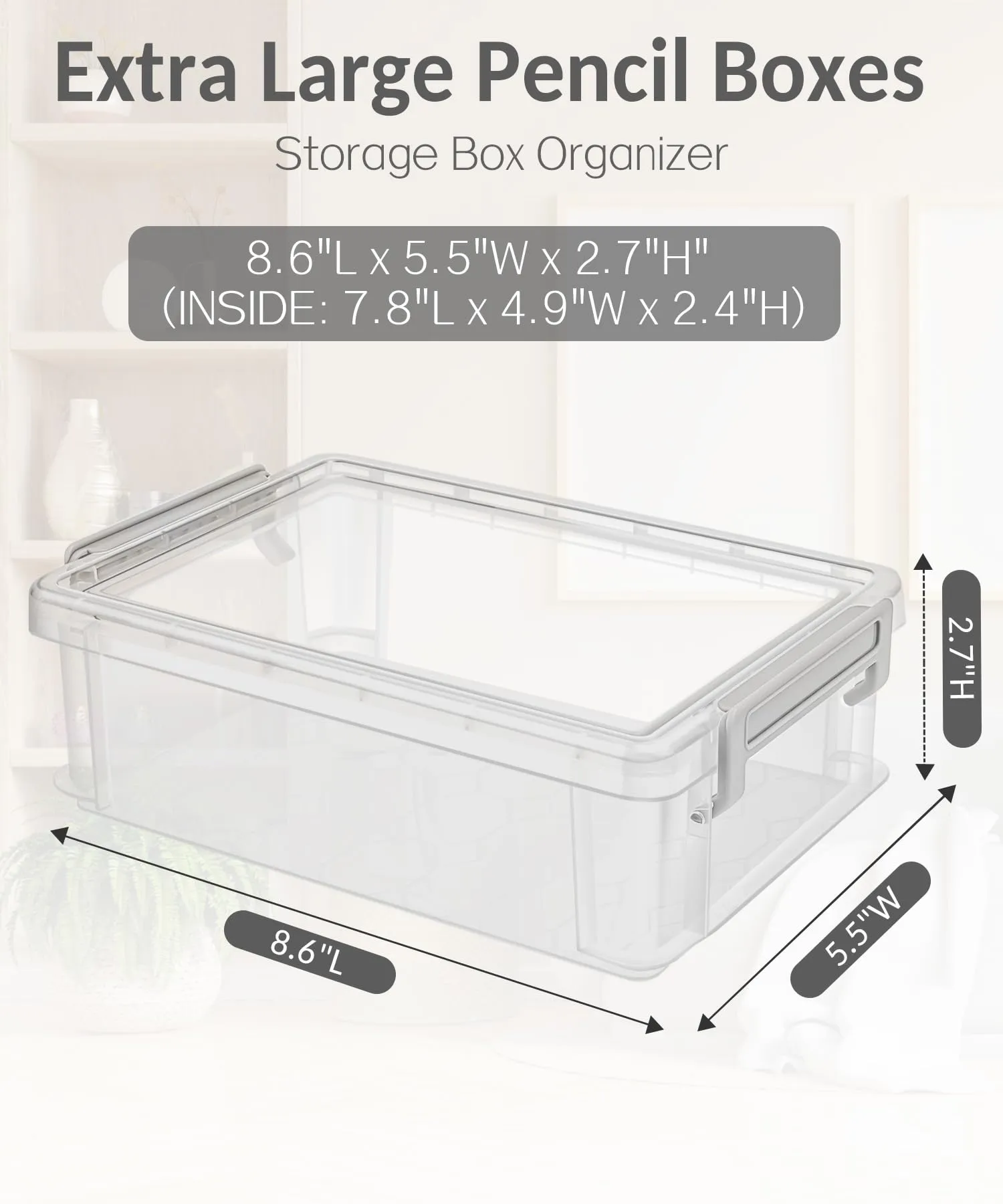 Sooez 6 Pack Extra Large Pencil Box, Plastic Pencil Case Crayon Box Bulk, Clear Marker Organizer Plastic Containers with Lid, Stackable Storage Box for Craft, Pen, Art, School Supply, Grey