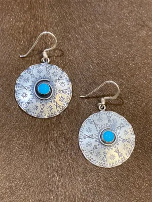 Sterling Stamped Medallion Earrings - Turquoise