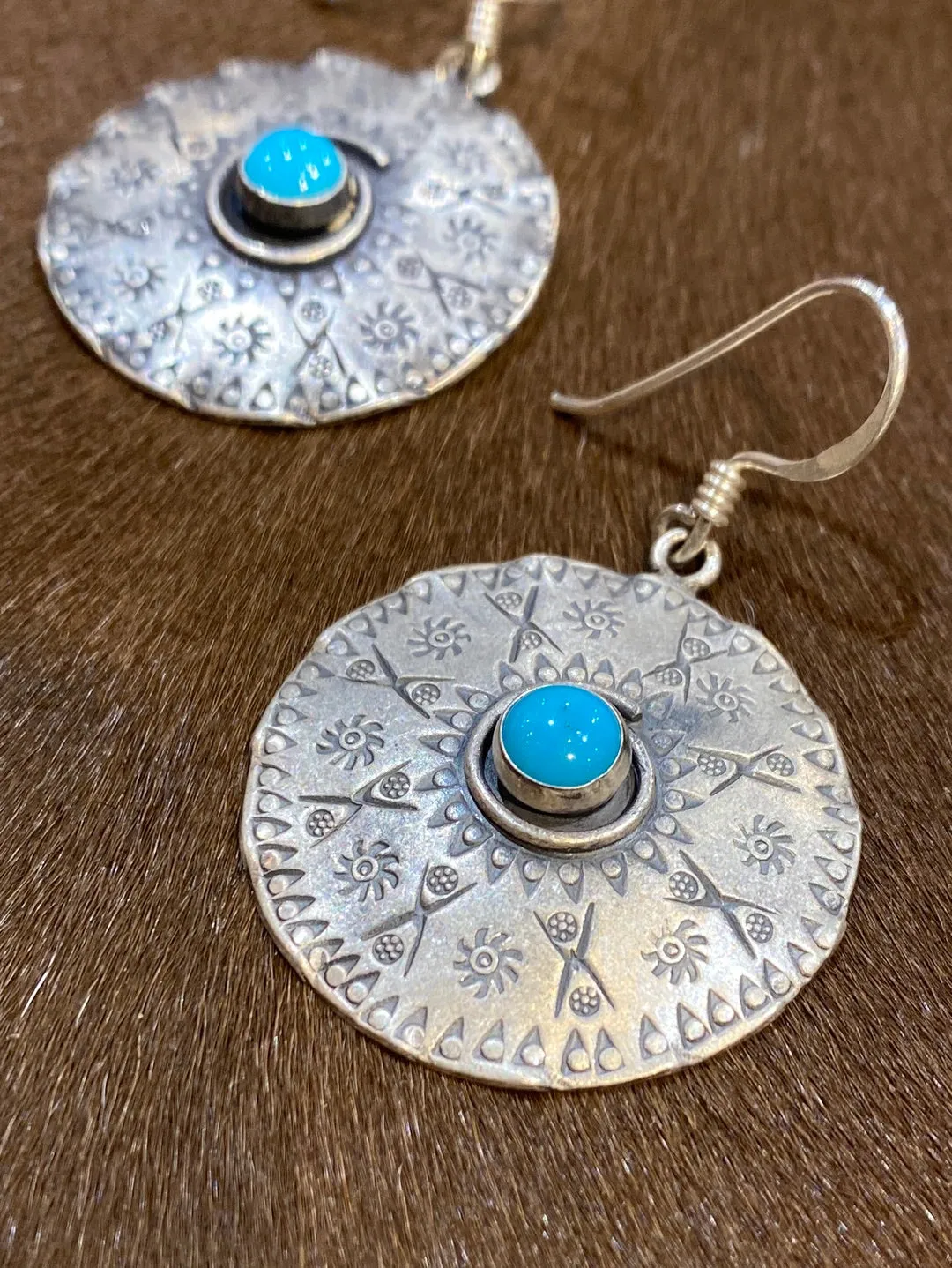 Sterling Stamped Medallion Earrings - Turquoise
