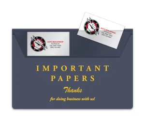 Stock Vinyl Document Wallets - Navy Blue Gold Print with Clear Business Card Slots - 10" × 6-5/8" - Durable Document Holders for Automotive Registration, Insurance, and Maintenance Records