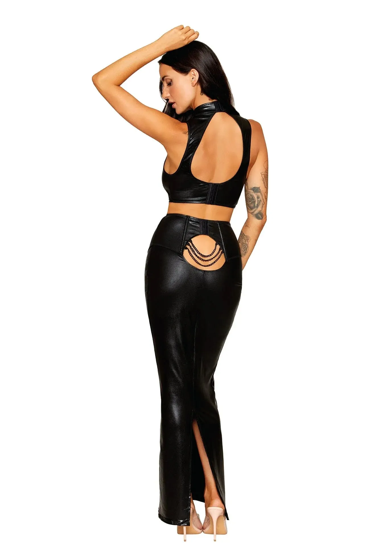 Stretch Faux-Leather & Eyelash Lace Bra & Garter Panty Set