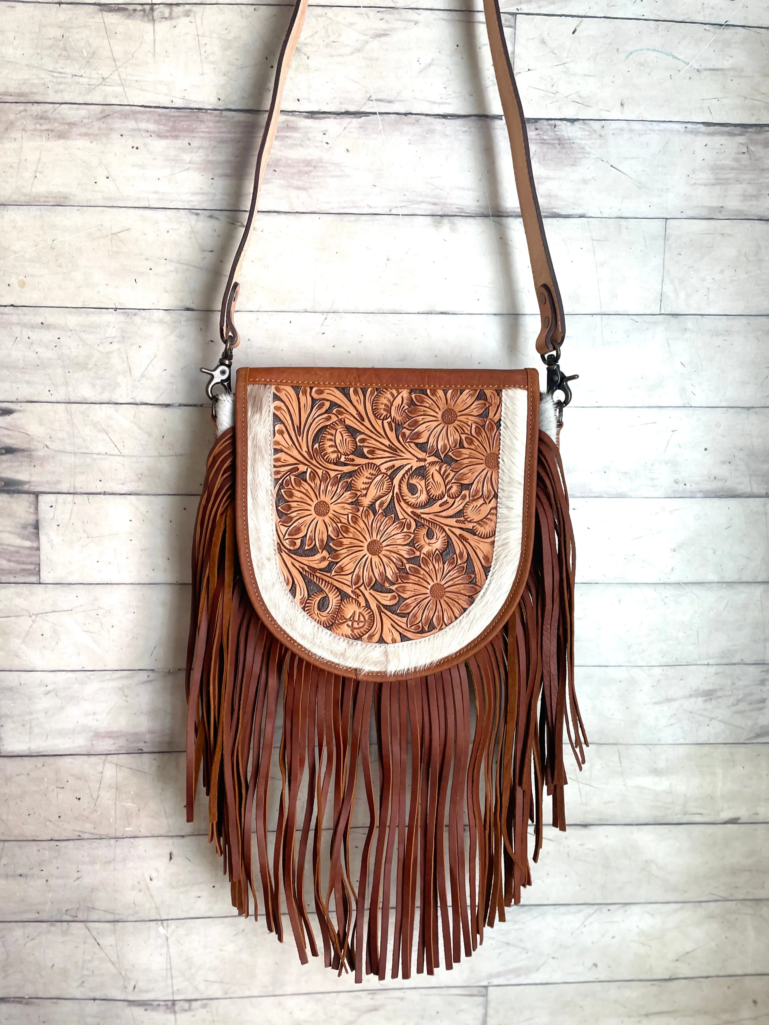 Tan Floral Tooled Leather Saddle Bag Style Fringe Handbag