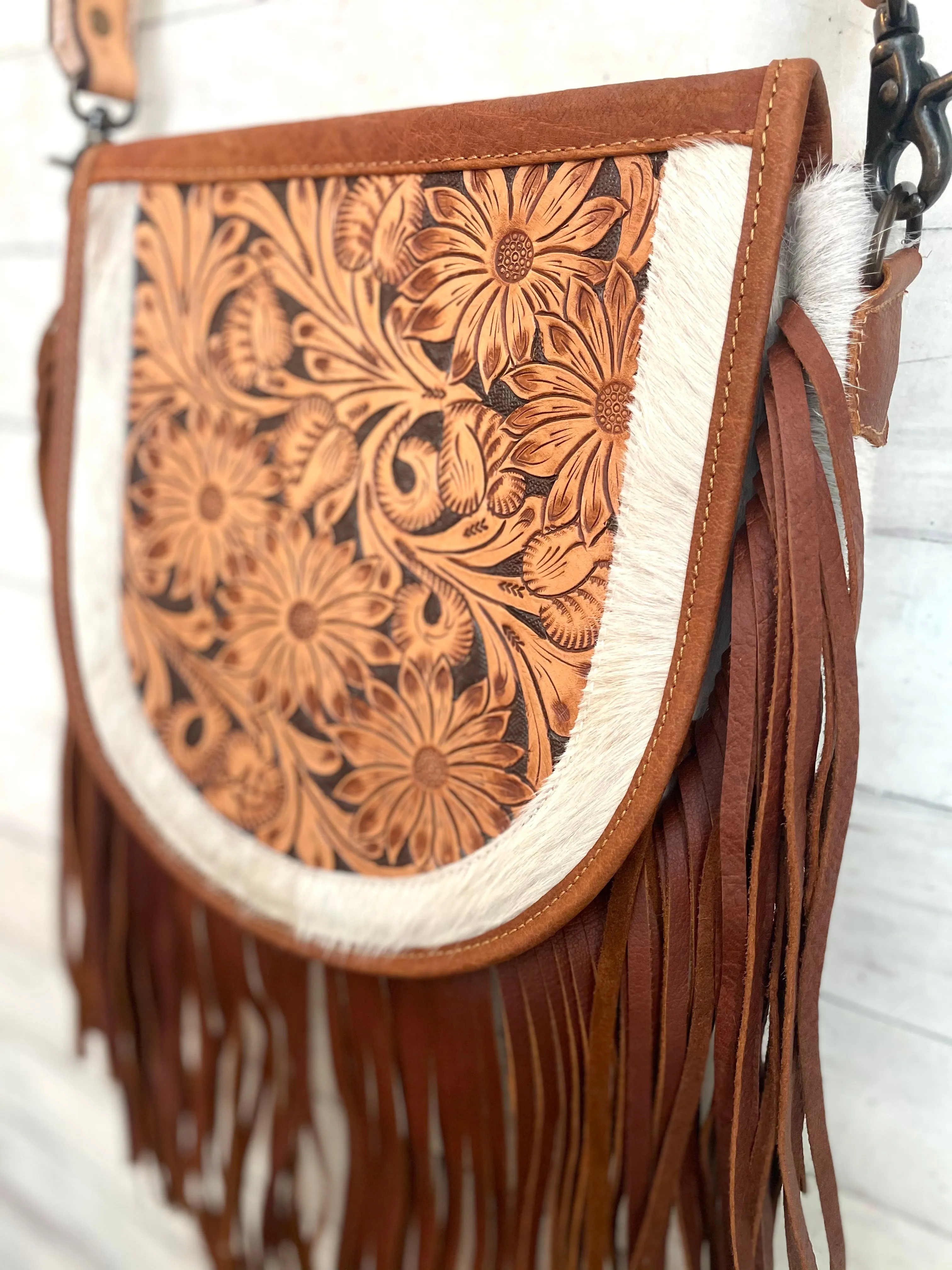 Tan Floral Tooled Leather Saddle Bag Style Fringe Handbag