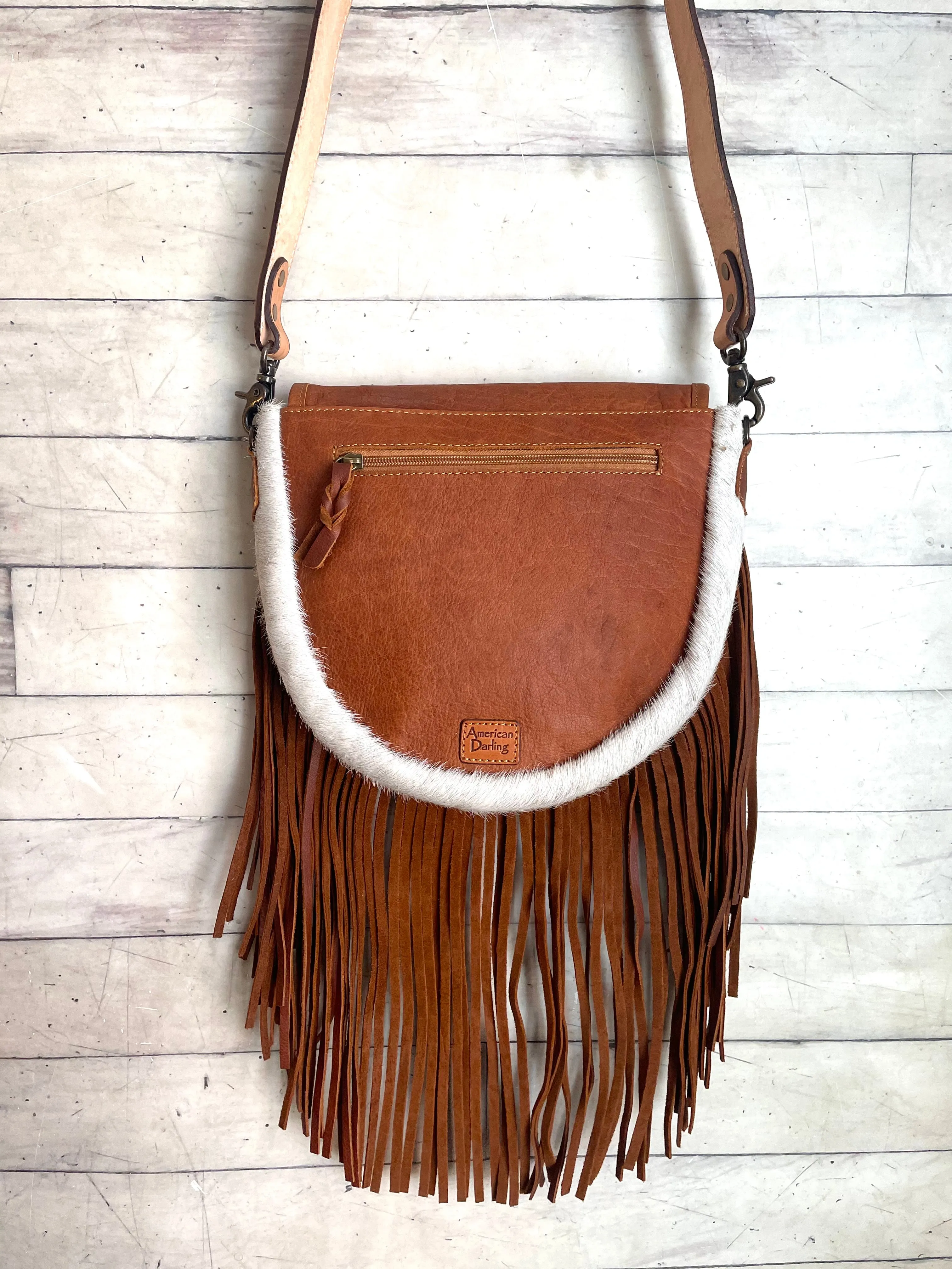 Tan Floral Tooled Leather Saddle Bag Style Fringe Handbag