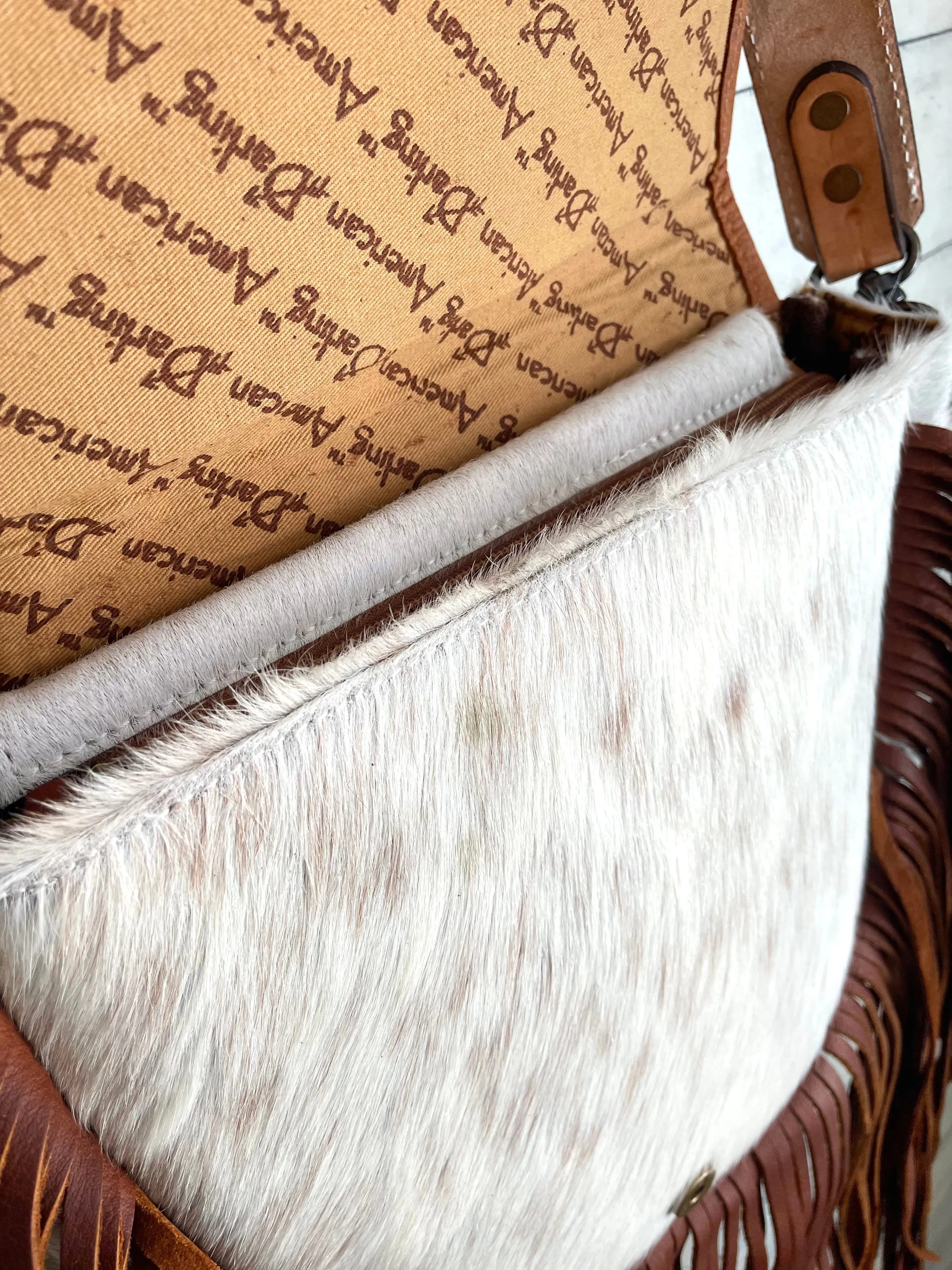 Tan Floral Tooled Leather Saddle Bag Style Fringe Handbag