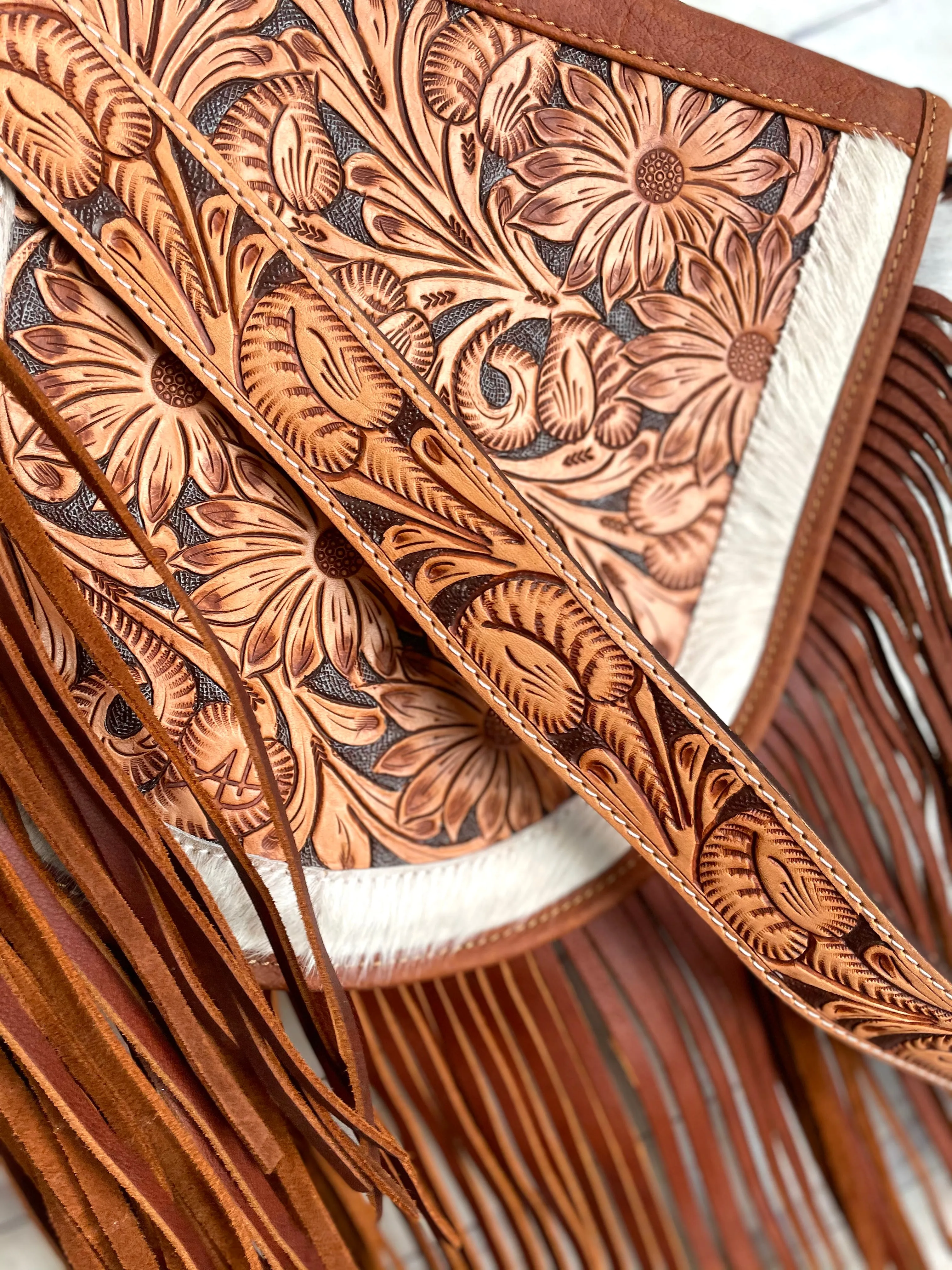 Tan Floral Tooled Leather Saddle Bag Style Fringe Handbag