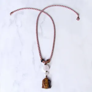 Tiger Eye Buddha Copper, Rose Quartz Flower, on Tan Braided Leather with Copper Clasp