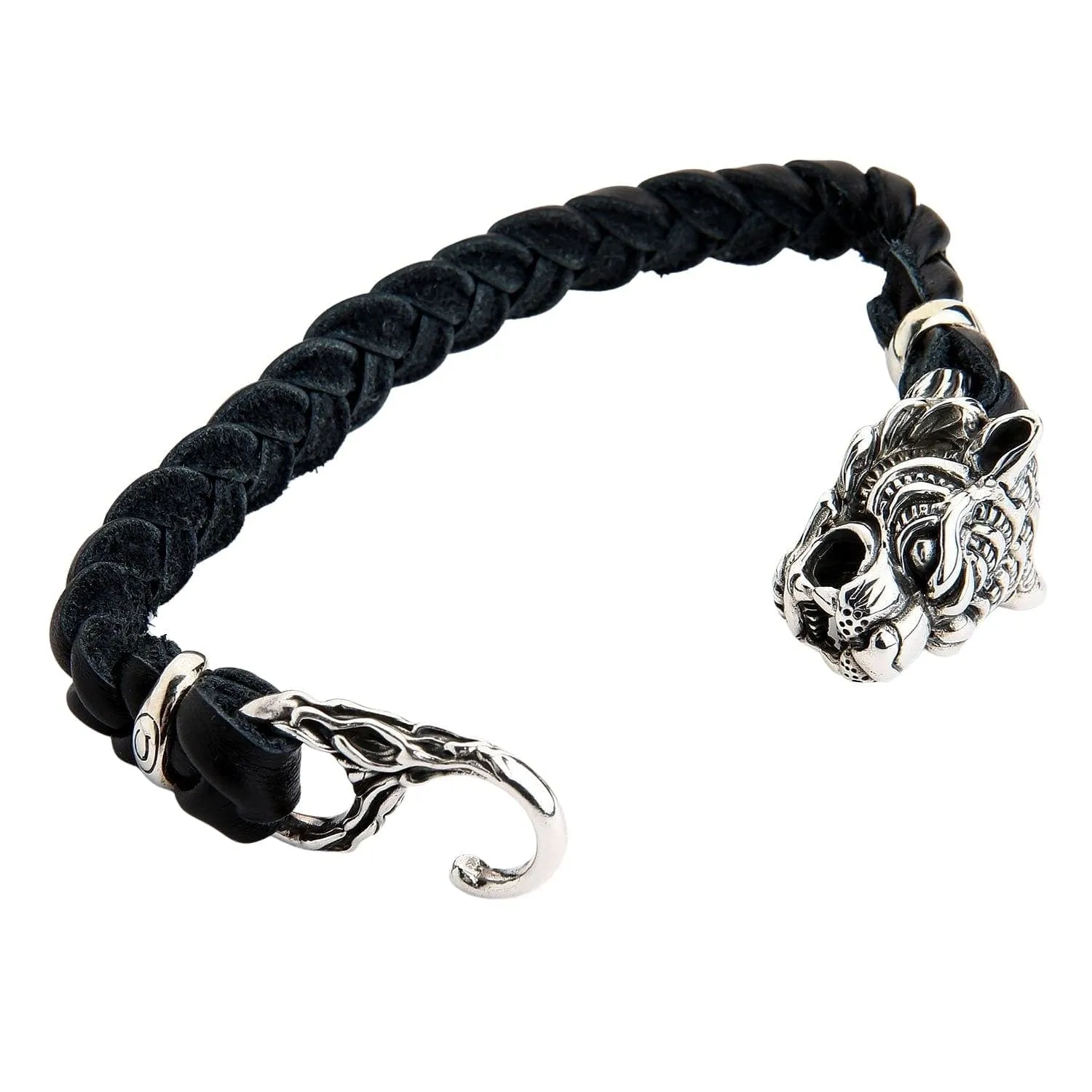 Tiger Head Silver Genuine Braided Leather Chain Biker Bracelet