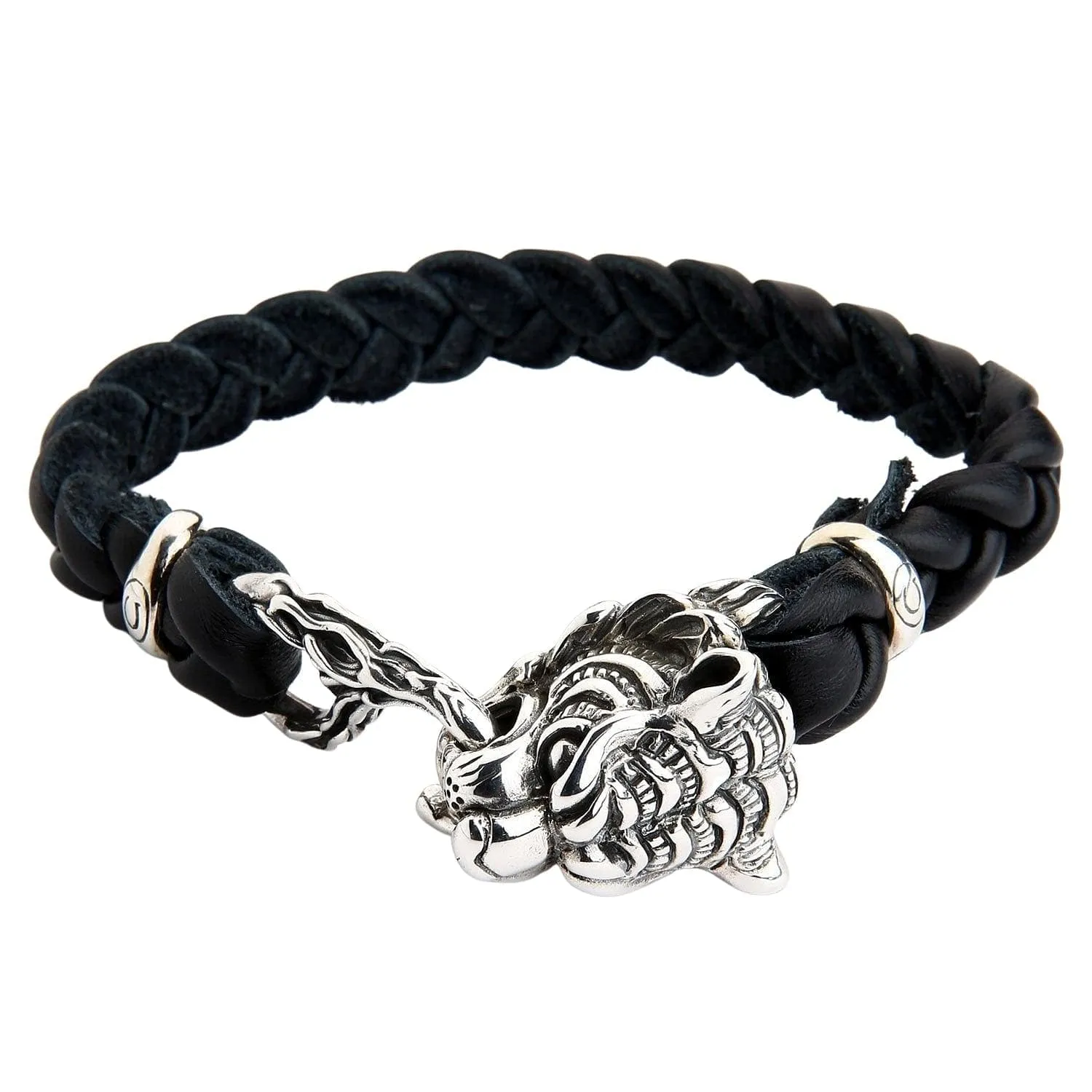 Tiger Head Silver Genuine Braided Leather Chain Biker Bracelet