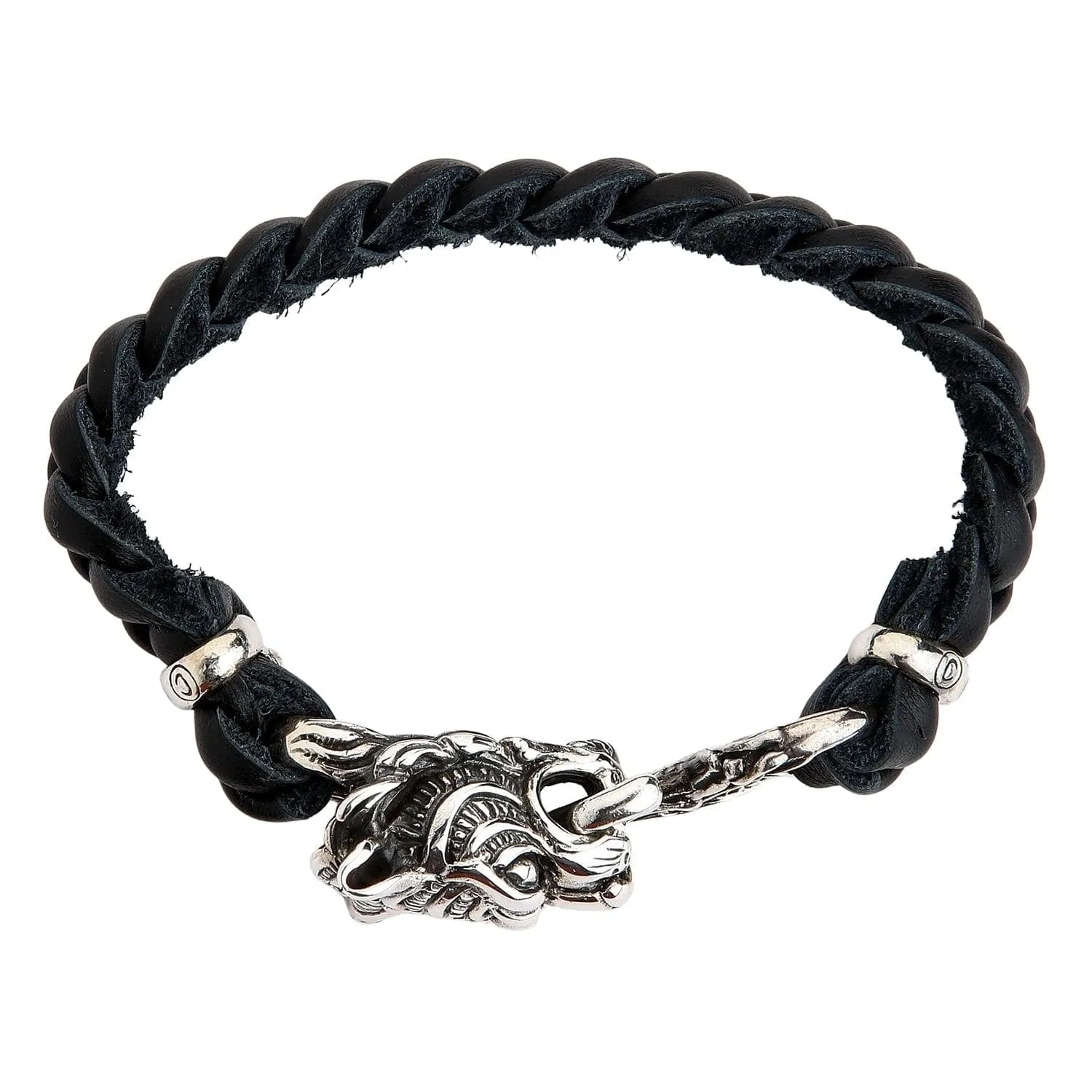 Tiger Head Silver Genuine Braided Leather Chain Biker Bracelet