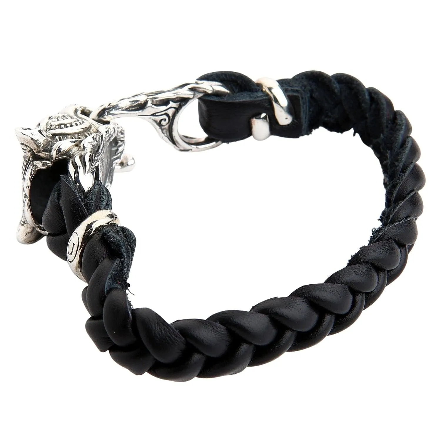 Tiger Head Silver Genuine Braided Leather Chain Biker Bracelet