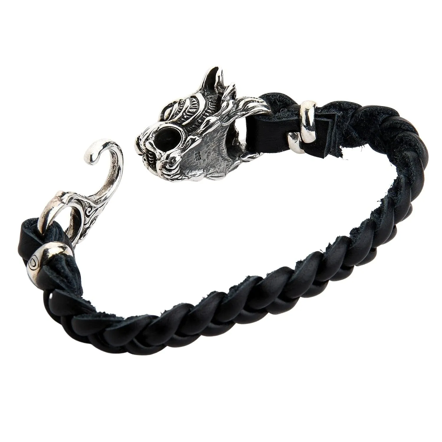 Tiger Head Silver Genuine Braided Leather Chain Biker Bracelet
