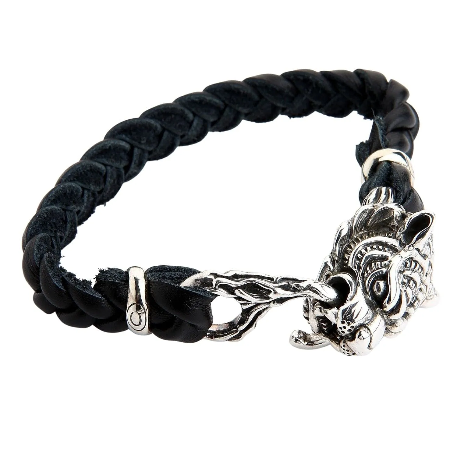 Tiger Head Silver Genuine Braided Leather Chain Biker Bracelet