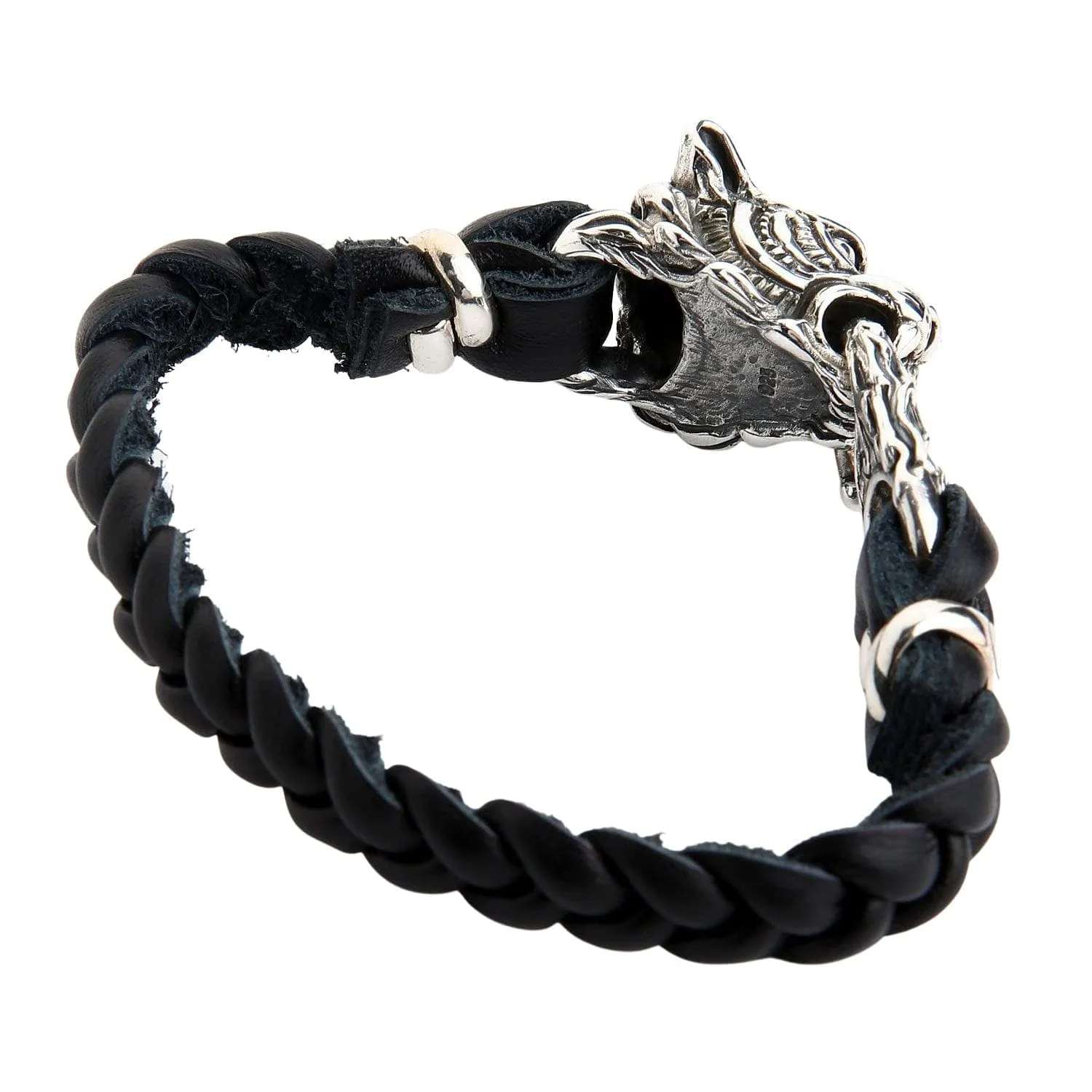 Tiger Head Silver Genuine Braided Leather Chain Biker Bracelet