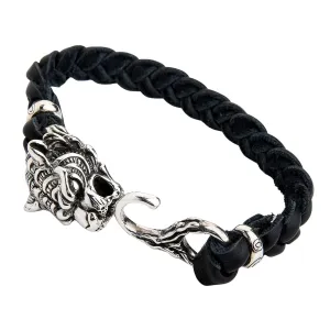 Tiger Head Silver Genuine Braided Leather Chain Biker Bracelet