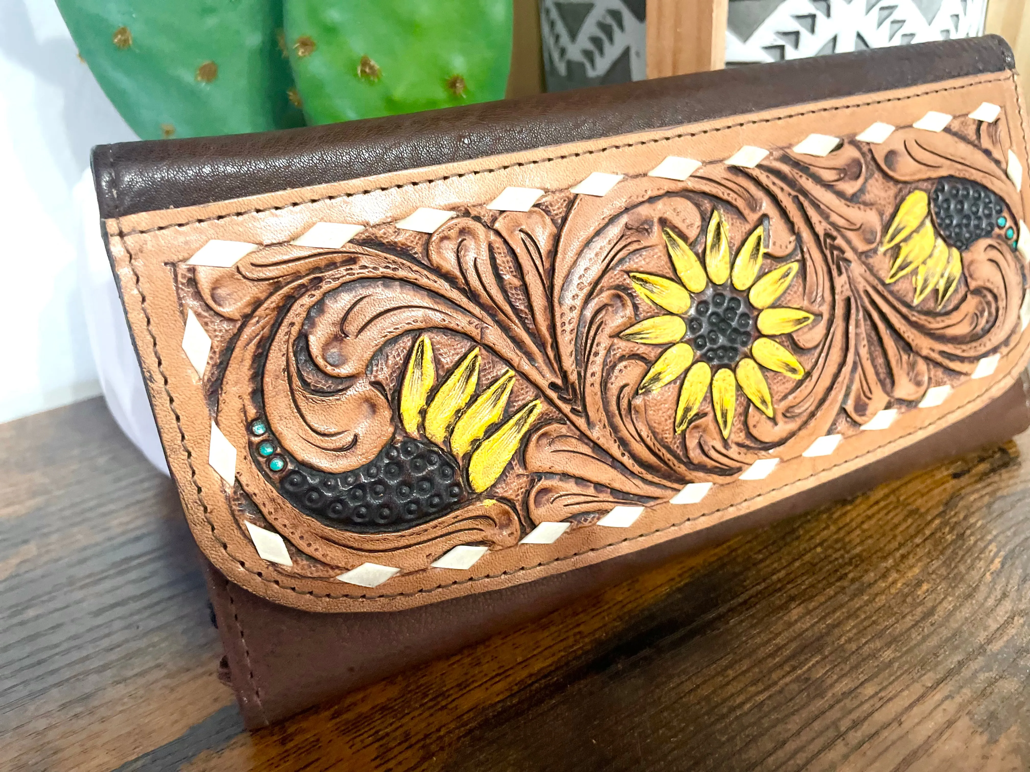 Tooled Sunflower Teal Dotted Accent Wallet