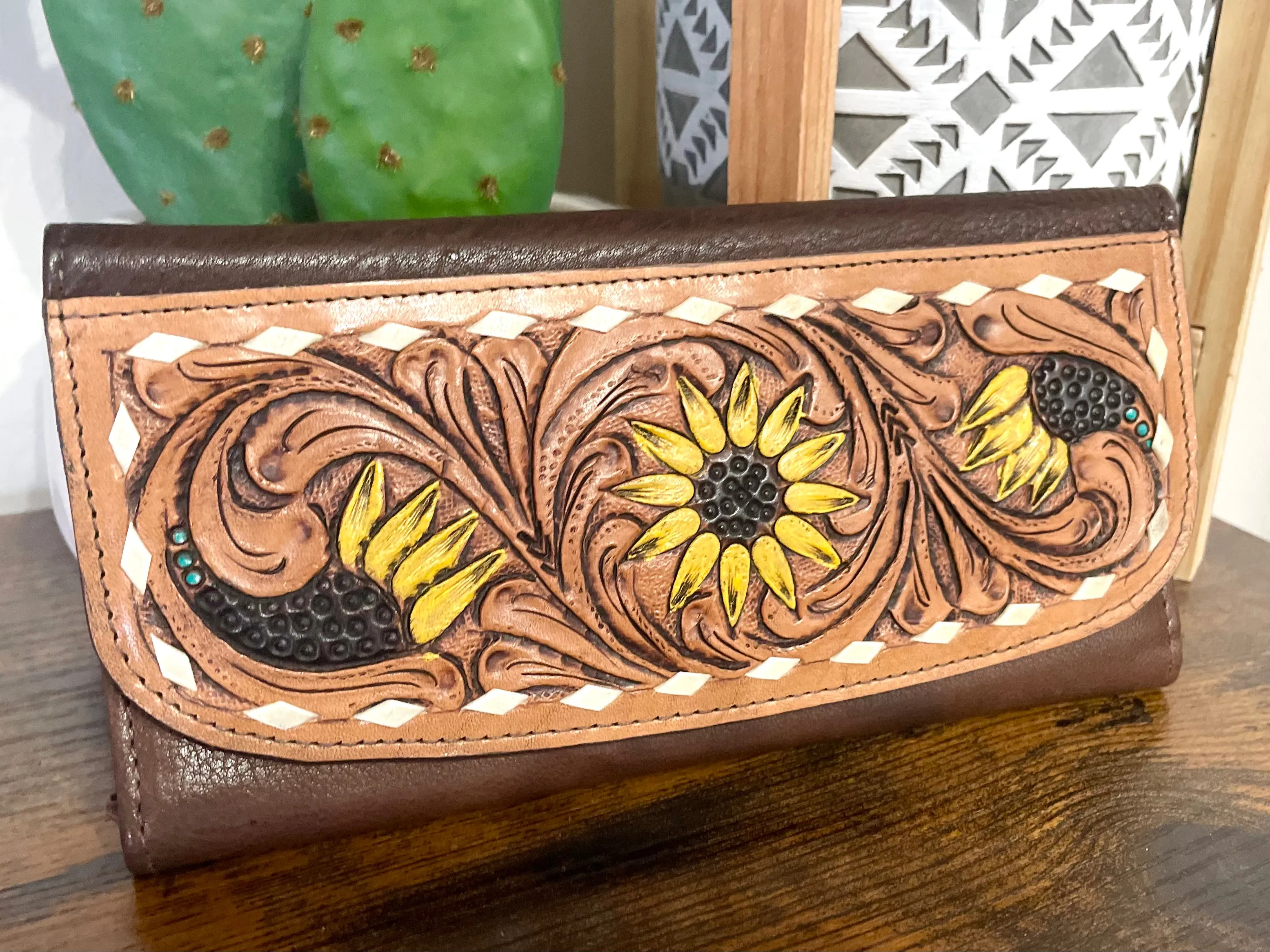 Tooled Sunflower Teal Dotted Accent Wallet