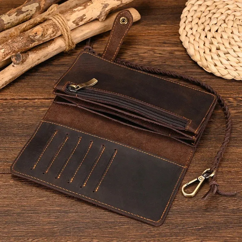 Vintage Brown Bifold Long Purse Genuine Leather Long Wallet