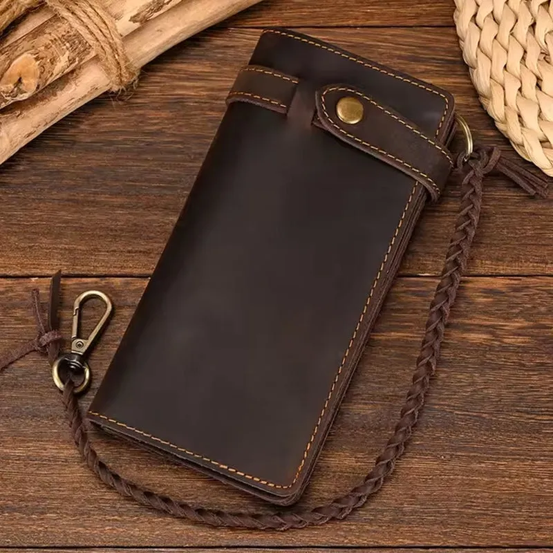 Vintage Brown Bifold Long Purse Genuine Leather Long Wallet