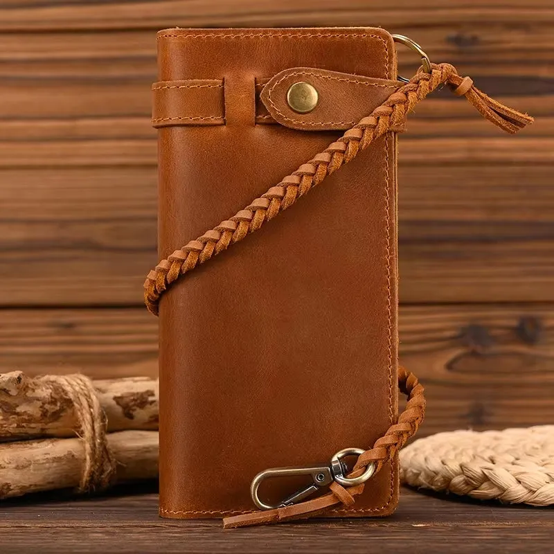 Vintage Brown Bifold Long Purse Genuine Leather Long Wallet