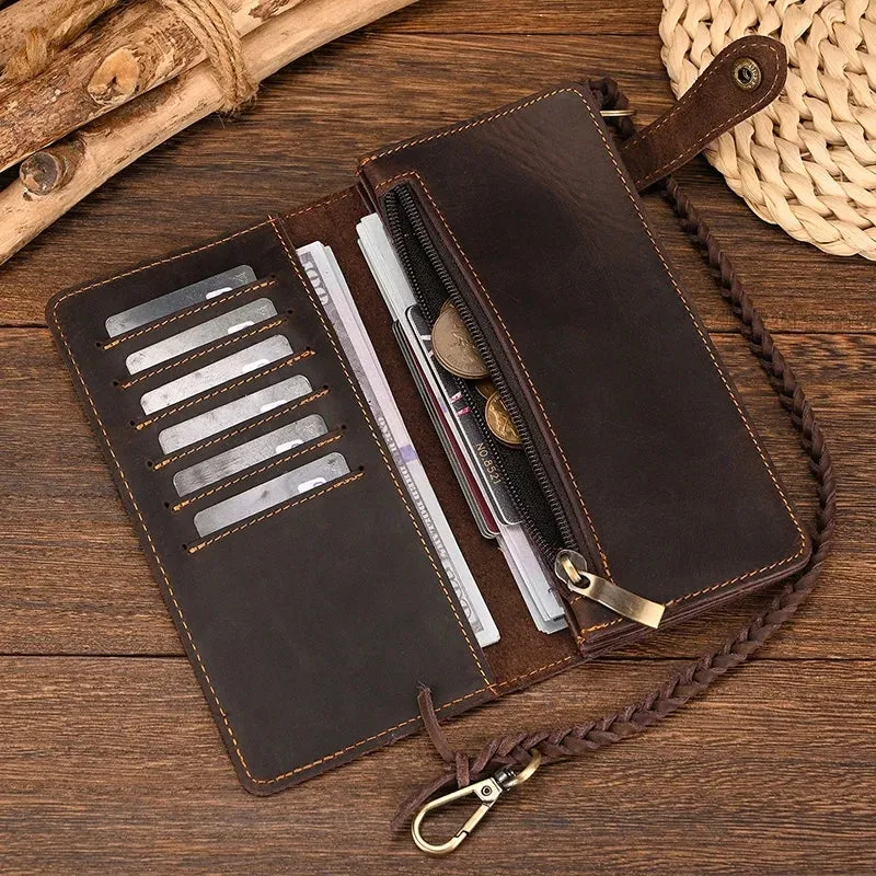 Vintage Brown Bifold Long Purse Genuine Leather Long Wallet