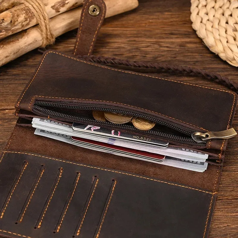 Vintage Brown Bifold Long Purse Genuine Leather Long Wallet