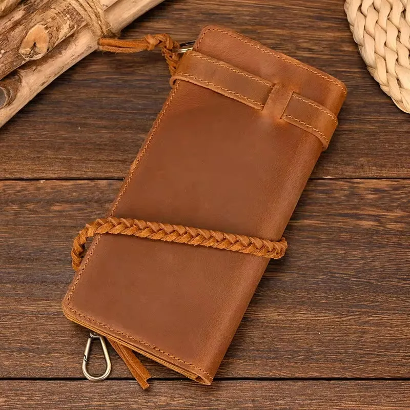 Vintage Brown Bifold Long Purse Genuine Leather Long Wallet