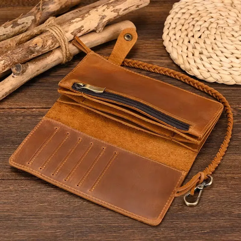 Vintage Brown Bifold Long Purse Genuine Leather Long Wallet
