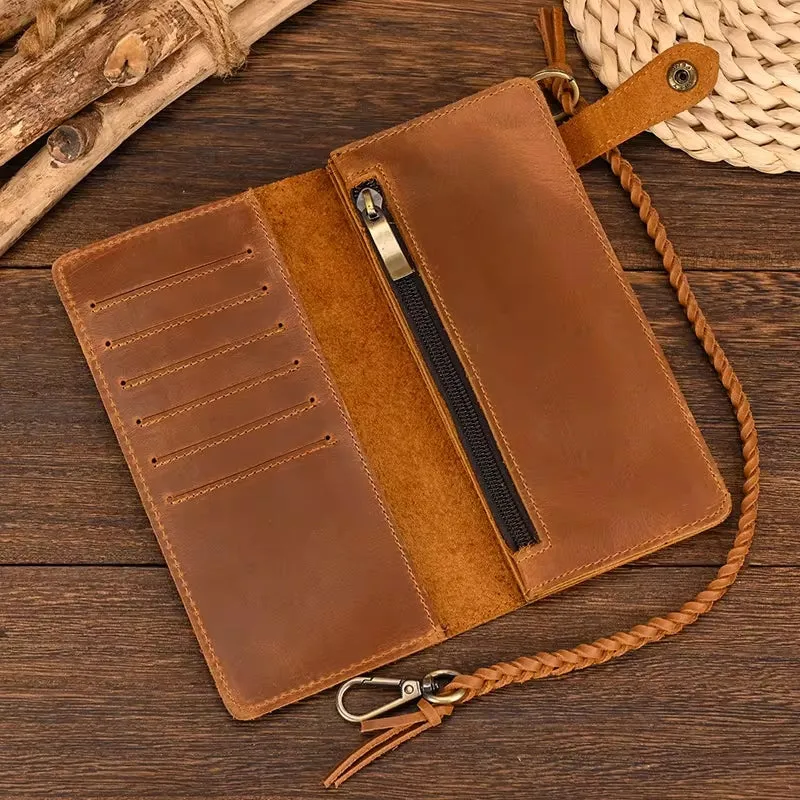 Vintage Brown Bifold Long Purse Genuine Leather Long Wallet