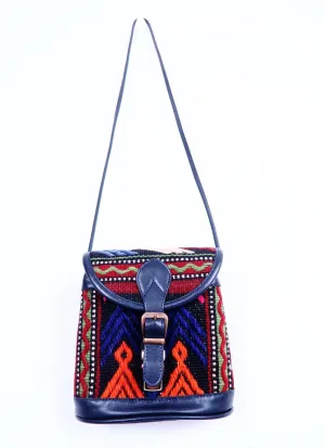 Vintage Kilim Handbag - Black Leather