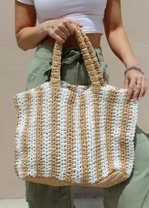 White & Beige Striped Beach Tote