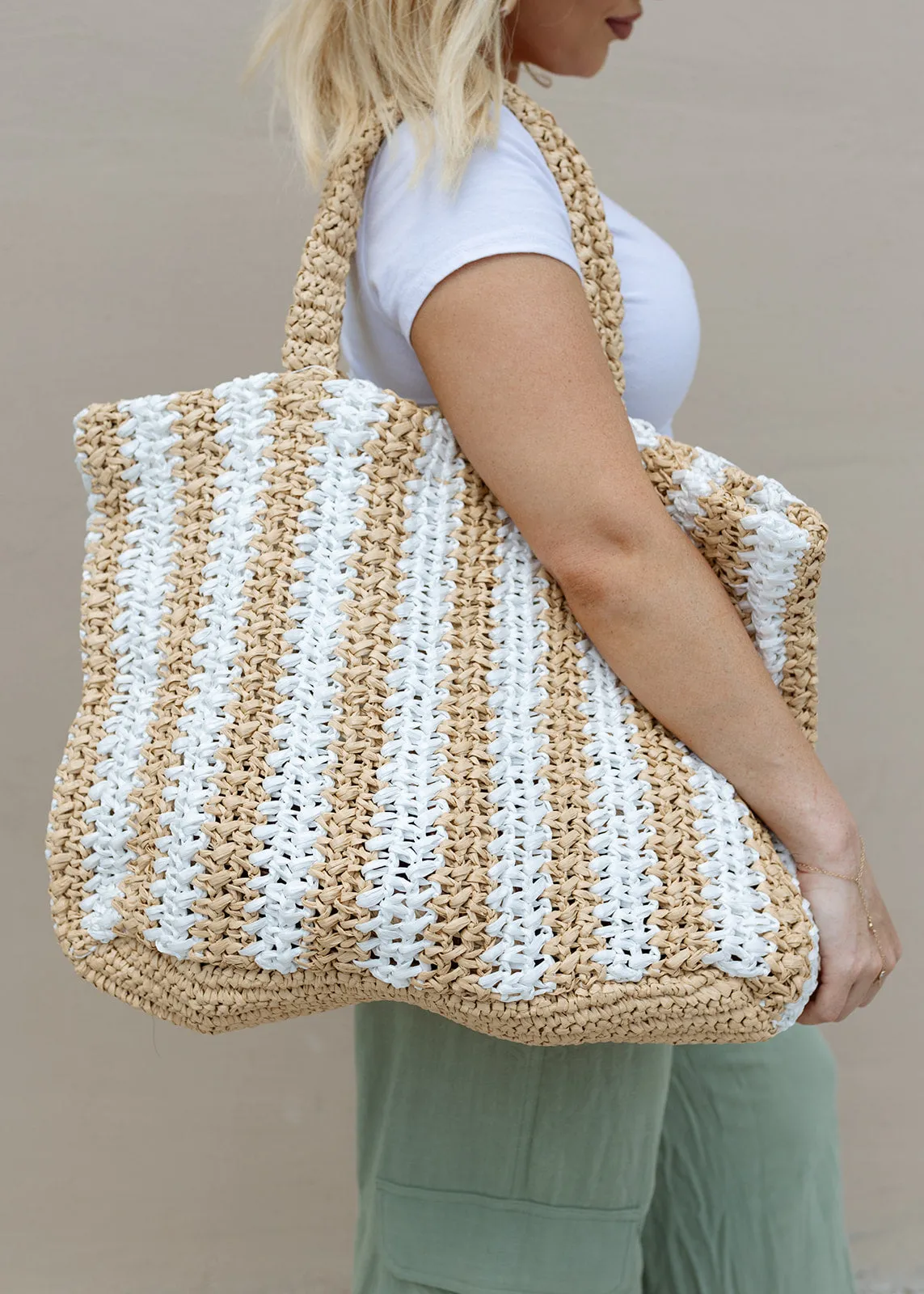 White & Beige Striped Beach Tote