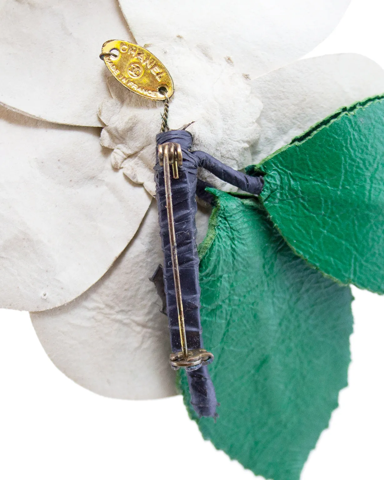 White and Green Leather Camellia Pin