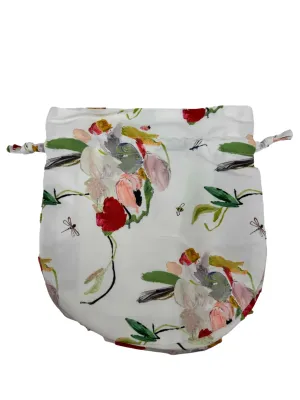 White Floral Drawstring Pouch Bag