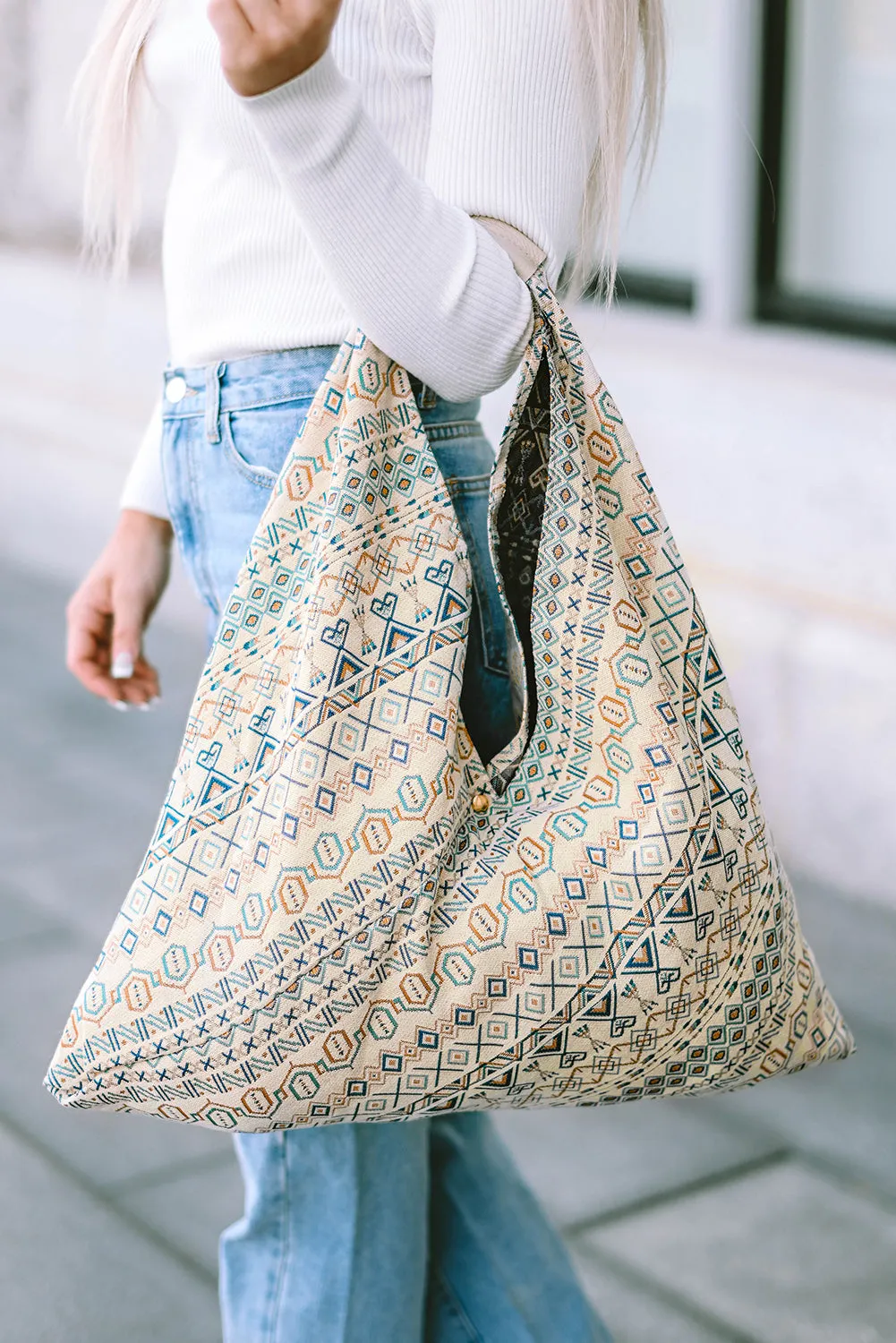 White Geometric Print Canvas Tote Bag