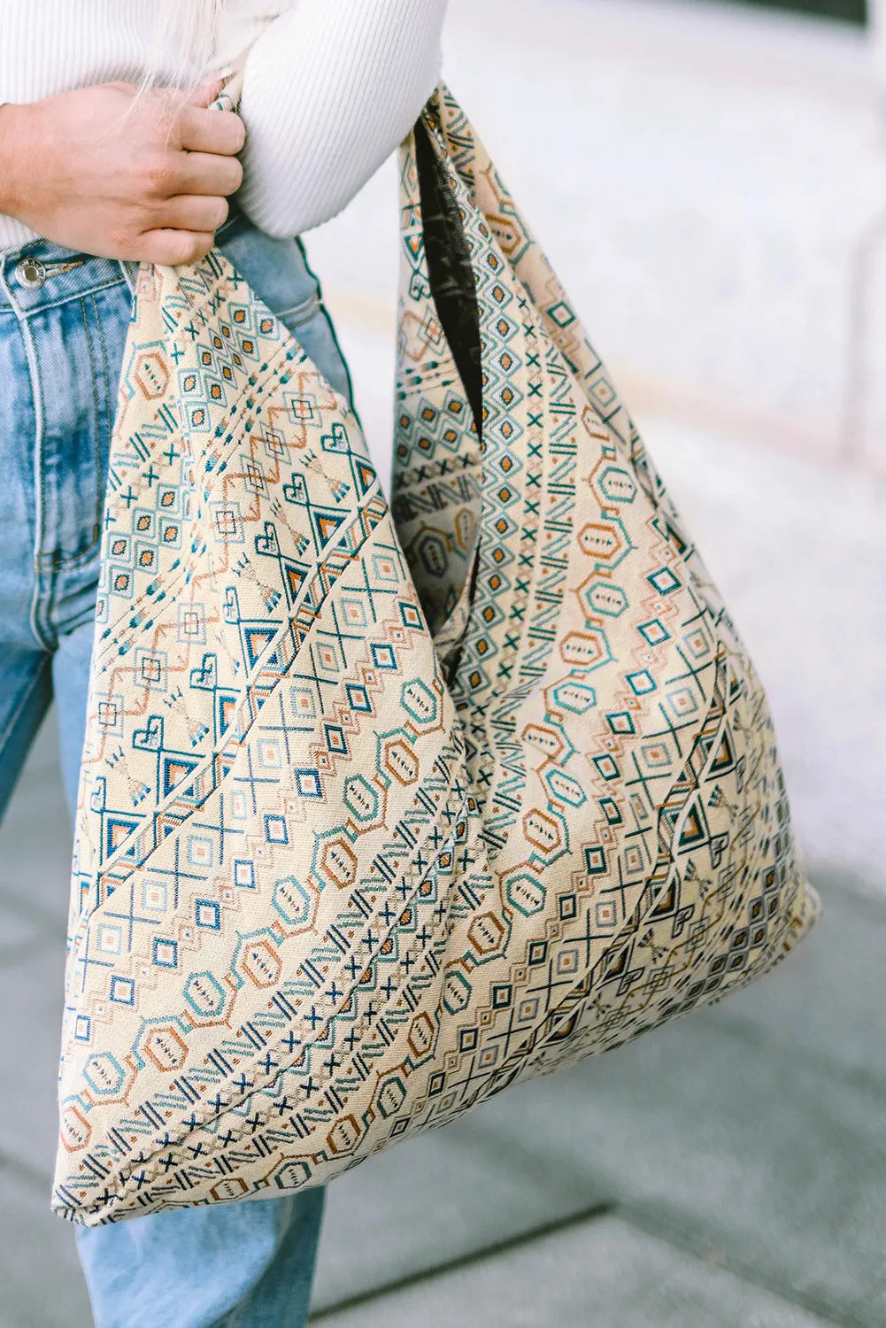 White Geometric Print Canvas Tote Bag