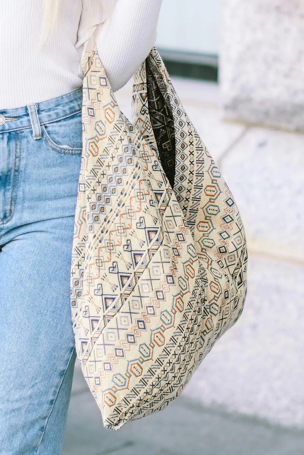 White Geometric Print Canvas Tote Bag
