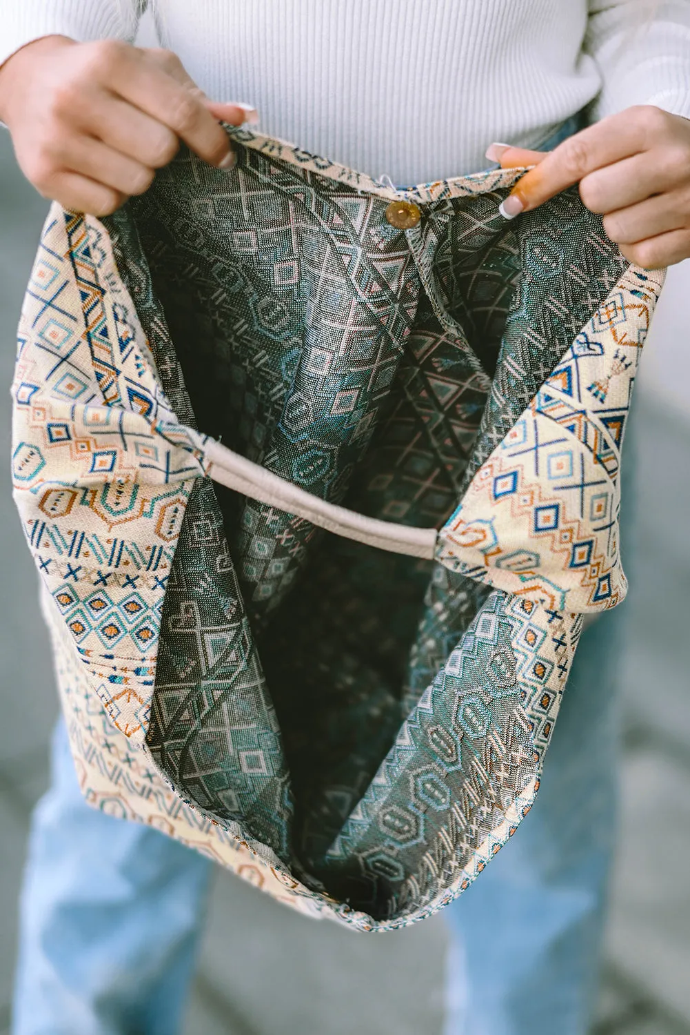White Geometric Print Canvas Tote Bag