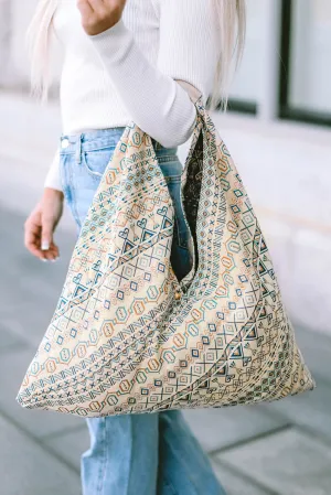 White Geometric Print Canvas Tote Bag