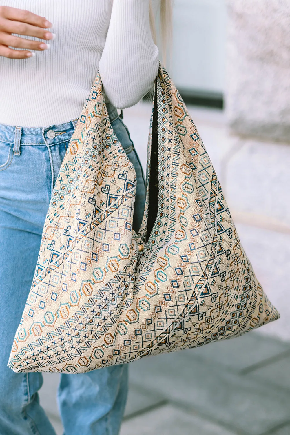 White Geometric Print Canvas Tote Bag