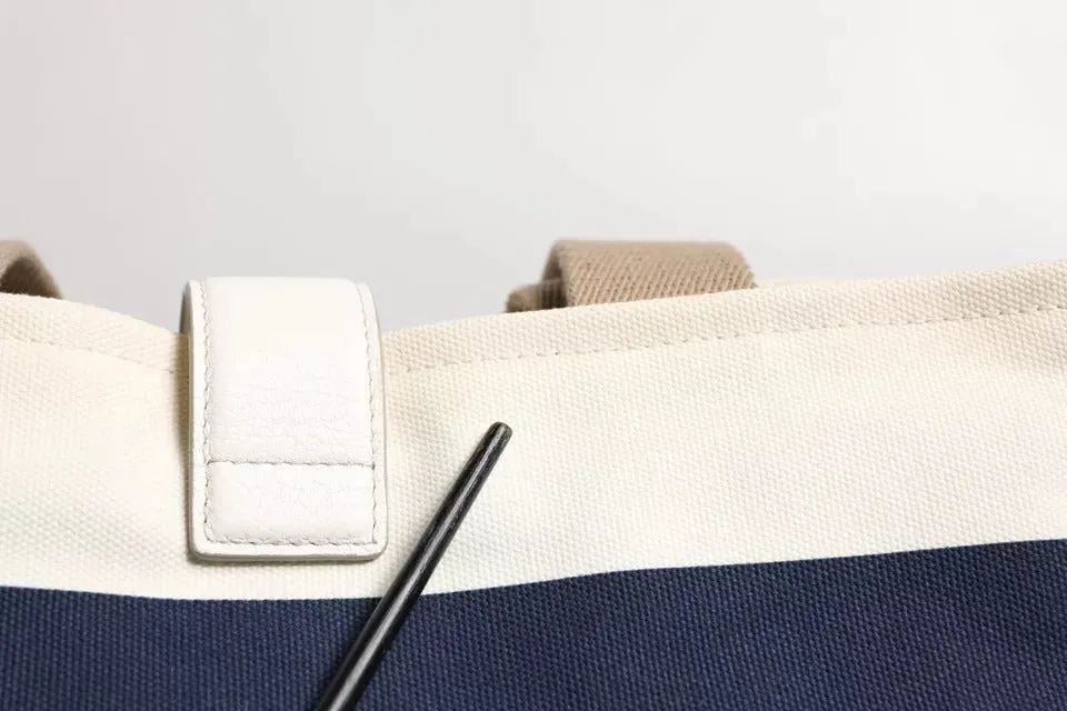 White Navy Striped Canvas Top Handle Tote Crossbody Bag