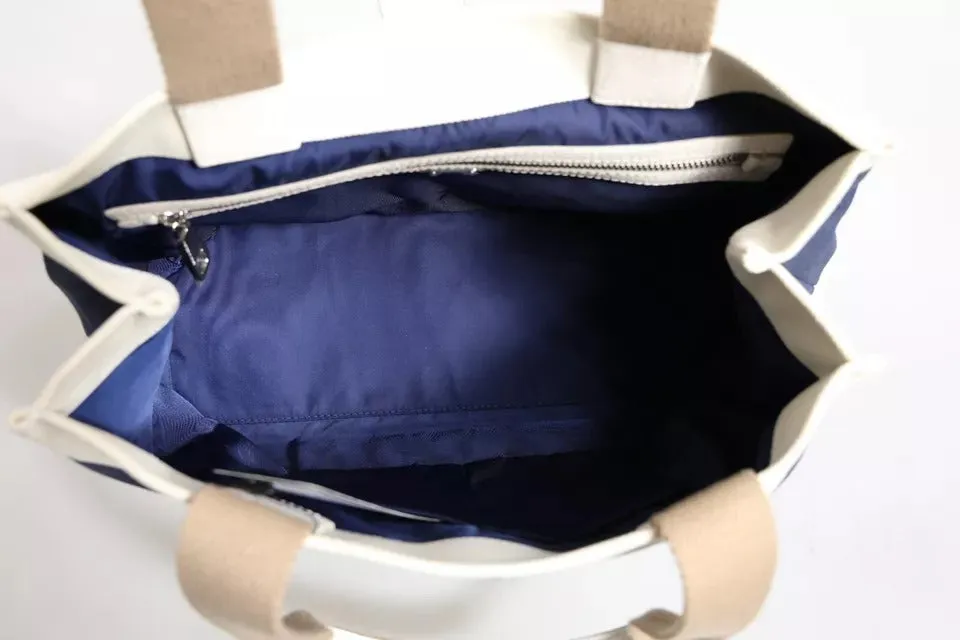 White Navy Striped Canvas Top Handle Tote Crossbody Bag