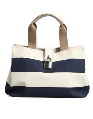 White Navy Striped Canvas Top Handle Tote Crossbody Bag