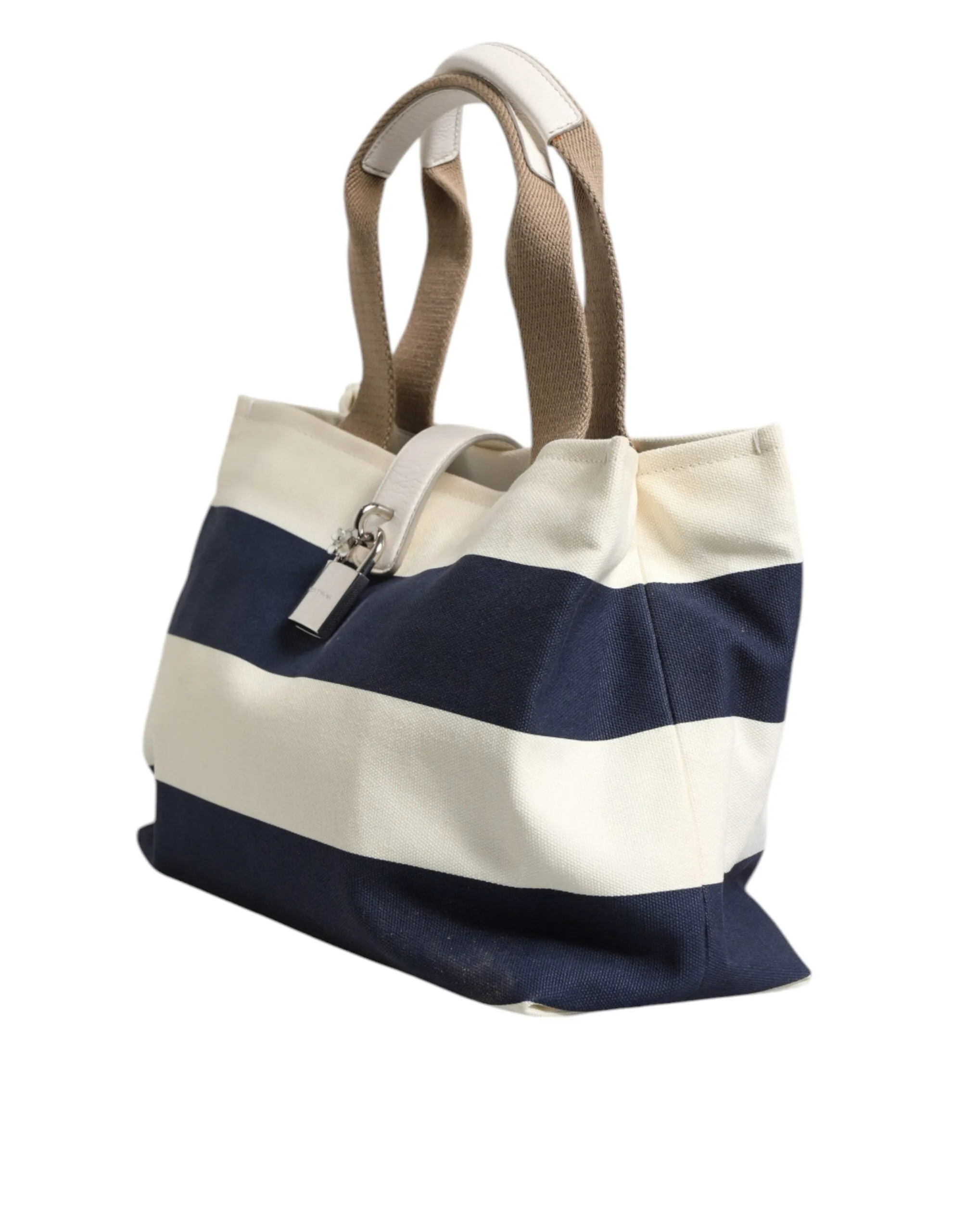 White Navy Striped Canvas Top Handle Tote Crossbody Bag
