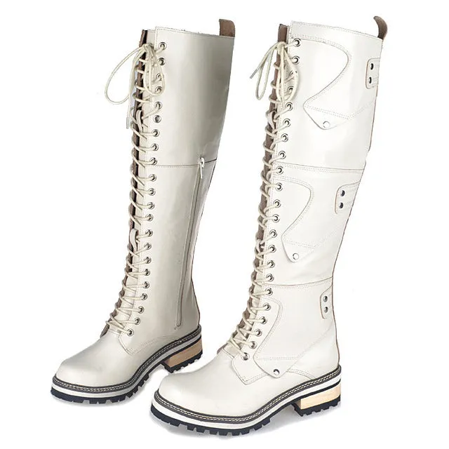 White Real Leather Cross-tied Rivet Knight Boot