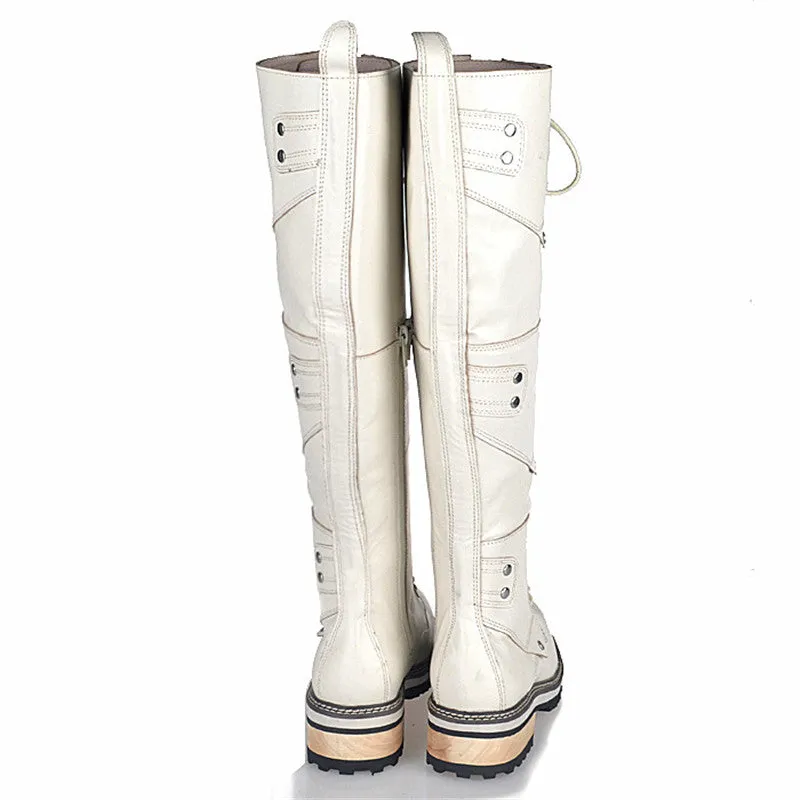 White Real Leather Cross-tied Rivet Knight Boot